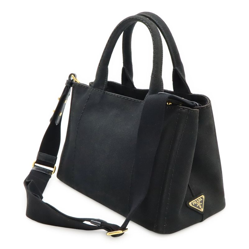 Prada Canapa Tote Bag 2WAY Shoulder Bag Crossbody Canvas NERO Black Gold