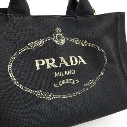 Prada Canapa Tote Bag 2WAY Shoulder Bag Crossbody Canvas NERO Black Gold
