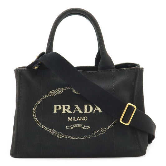 Prada Canapa Tote Bag 2WAY Shoulder Bag Crossbody Canvas NERO Black Gold