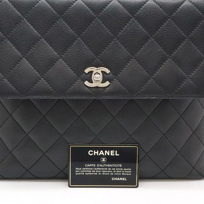 Chanel Matelasse Coco Mark Handbag Flap Bag Caviar Skin Leather Black Silver