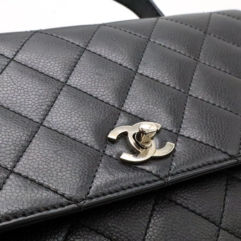 Chanel Matelasse Coco Mark Handbag Flap Bag Caviar Skin Leather Black Silver