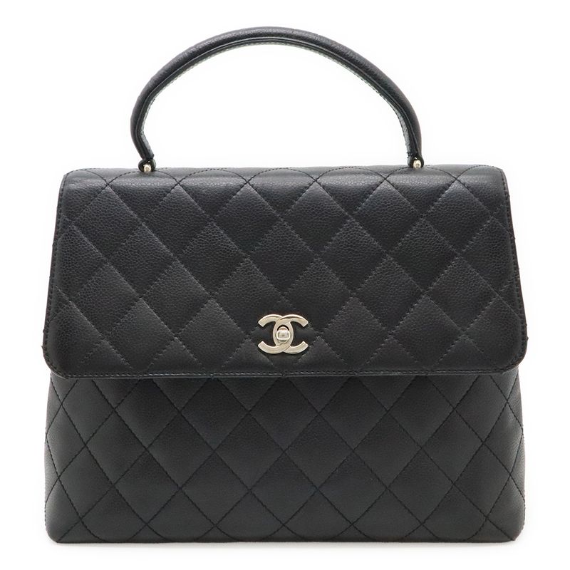 Chanel Matelasse Coco Mark Handbag Flap Bag Caviar Skin Leather Black Silver