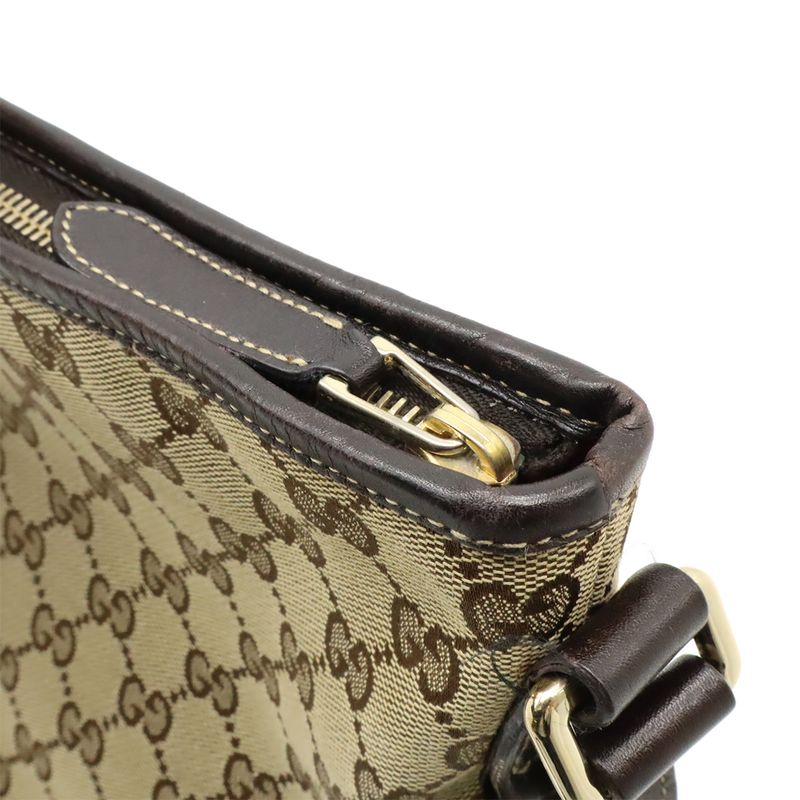 Gucci GG Canvas Shoulder Bag Crossbody Leather Khaki Beige Dark Brown Gold