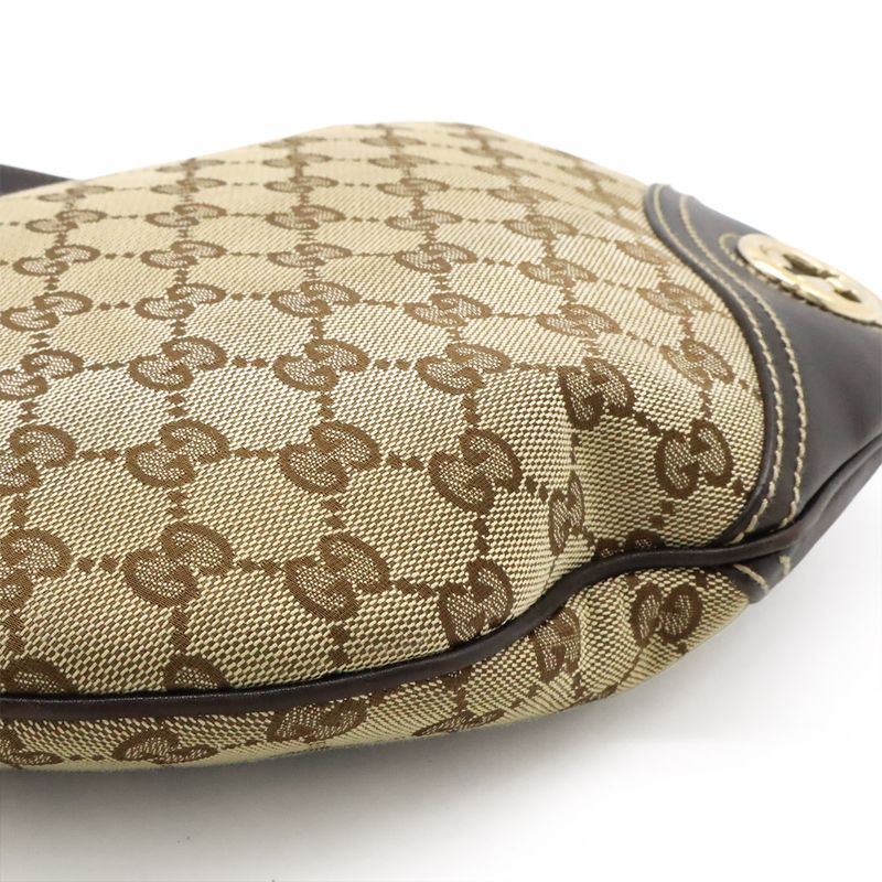 Gucci GG Canvas Shoulder Bag Crossbody Leather Khaki Beige Dark Brown Gold
