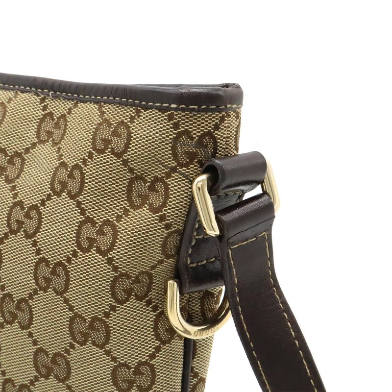 Gucci GG Canvas Shoulder Bag Crossbody Leather Khaki Beige Dark Brown Gold