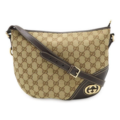 Gucci GG Canvas Shoulder Bag Crossbody Leather Khaki Beige Dark Brown Gold