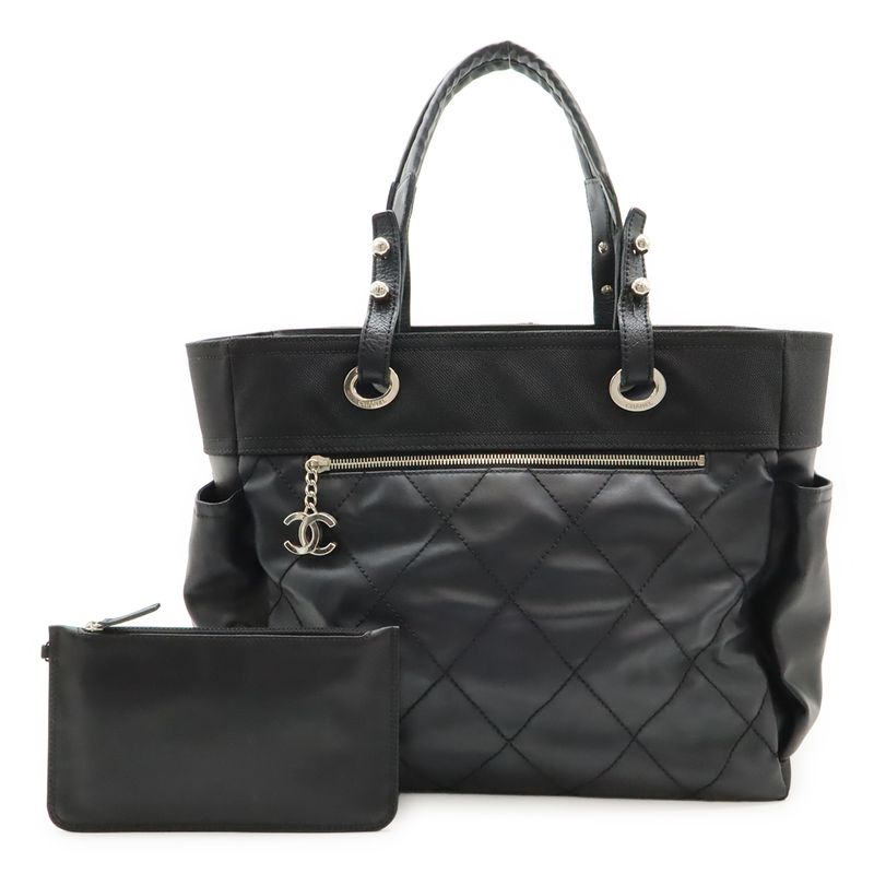 Chanel Paris Biarritz Tote GM Tote Bag Shoulder Bag Coated Canvas Black With