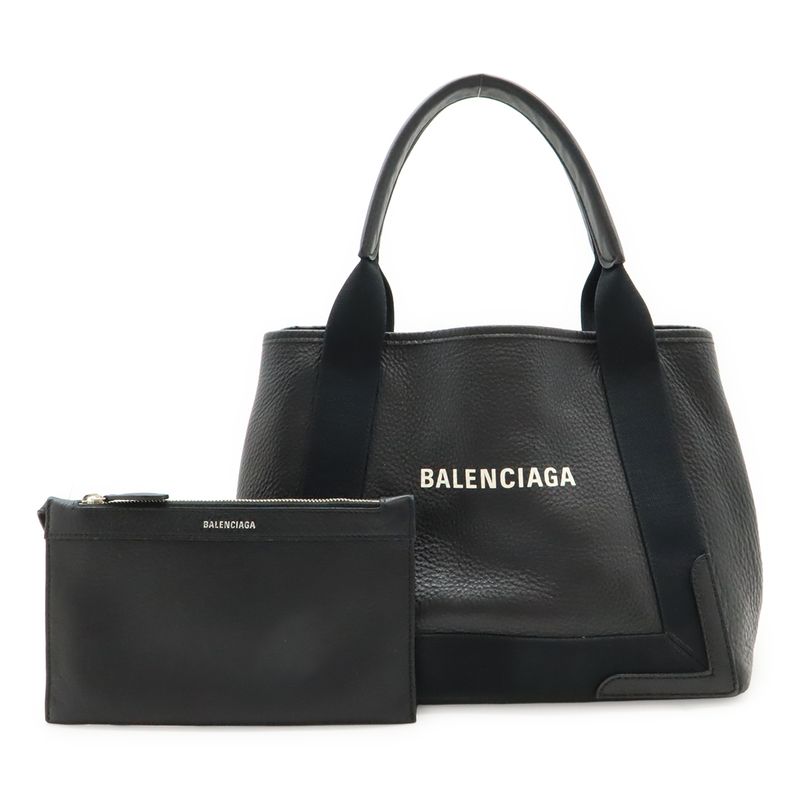 Balenciaga Navy Cabas S Small Logo Handbag Tote Leather Black With Pouch 339933