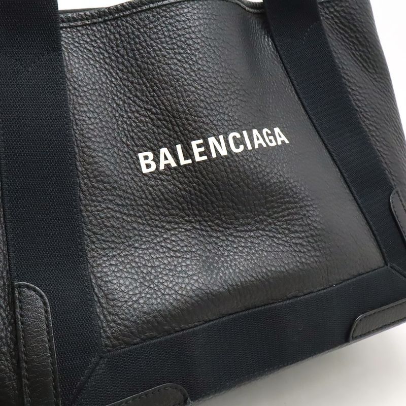 Balenciaga Navy Cabas S Small Logo Handbag Tote Leather Black With Pouch 339933