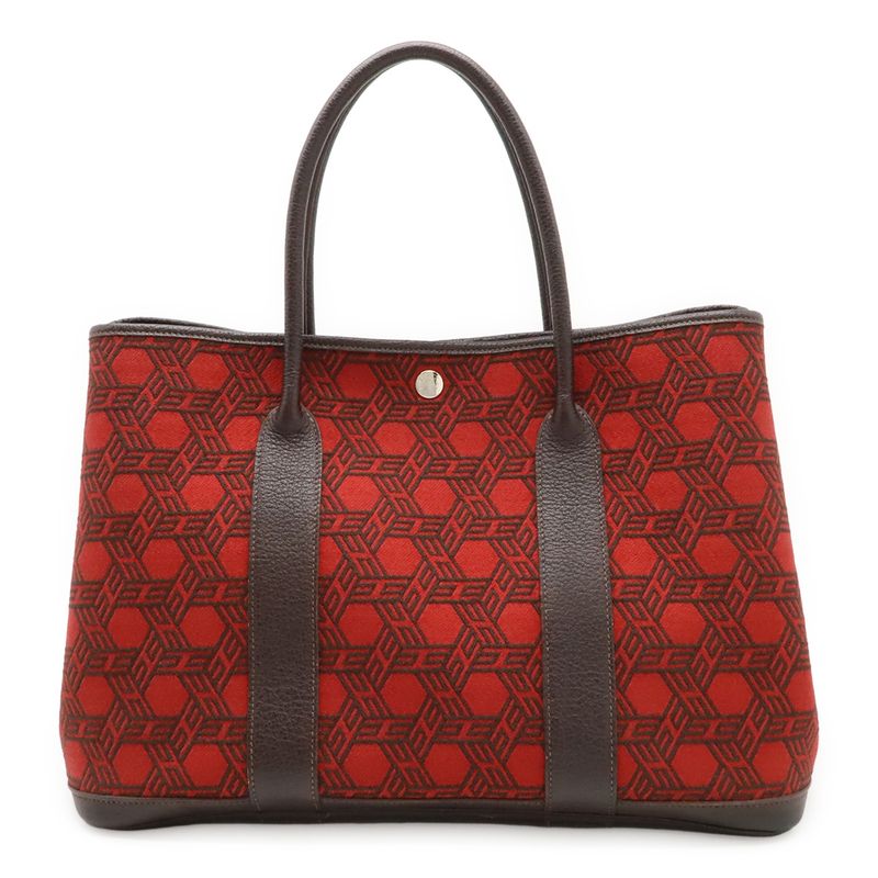Hermes Garden Party PM 36 Tote Handbag Toile Sauache Leather Rouge Garance Red