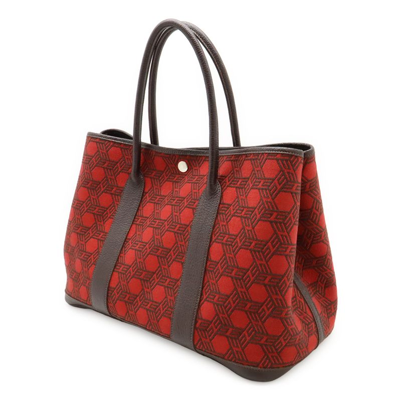 Hermes Garden Party PM 36 Tote Handbag Toile Sauache Leather Rouge Garance Red