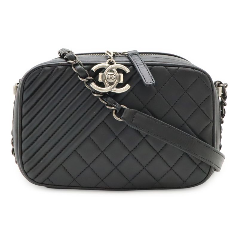 Chanel Coco Boy Matelasse Chain Shoulder Bag Pochette Calfskin Leather Black