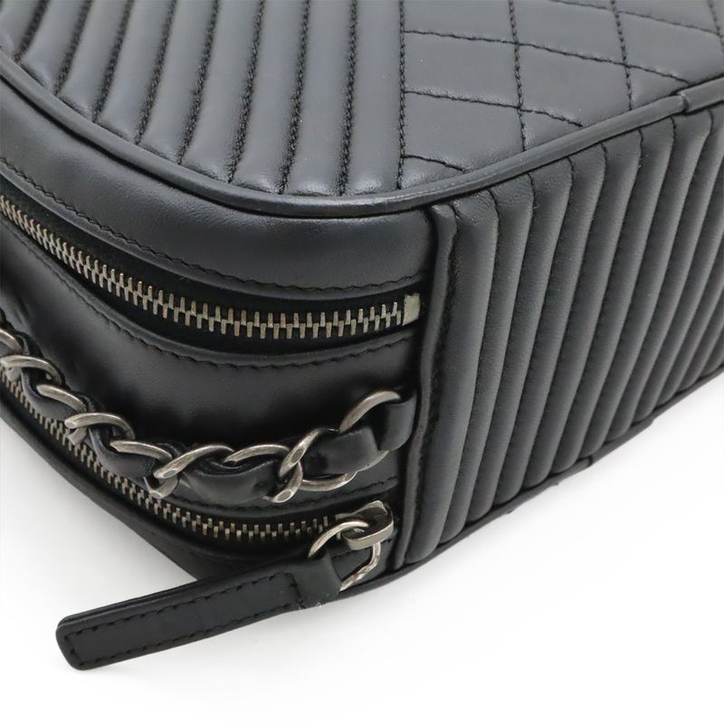 Chanel Coco Boy Matelasse Chain Shoulder Bag Pochette Calfskin Leather Black