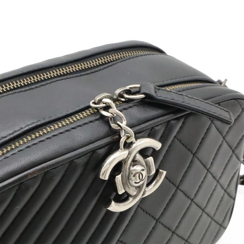 Chanel Coco Boy Matelasse Chain Shoulder Bag Pochette Calfskin Leather Black
