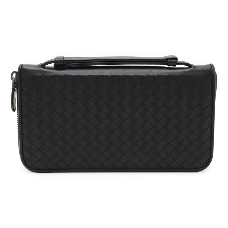 Bottega Veneta Intrecciato Round Zipper Long Wallet Travel Case Leather Black