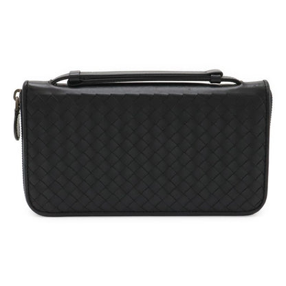 Bottega Veneta Intrecciato Round Zipper Long Wallet Travel Case Leather Black