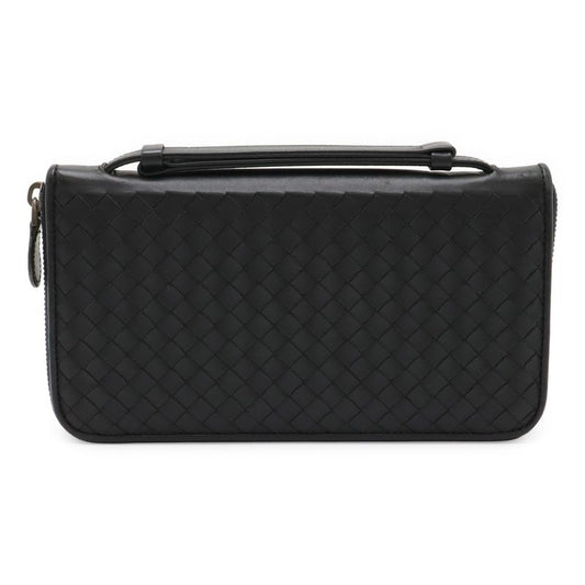 Bottega Veneta Intrecciato Round Zipper Long Wallet Travel Case Leather Black