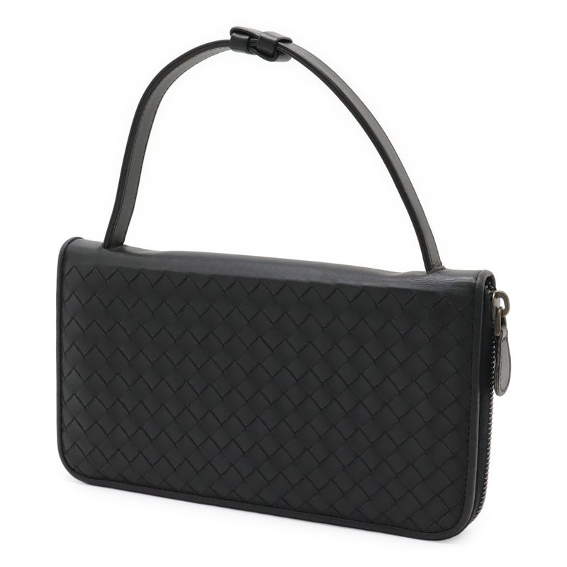 Bottega Veneta Intrecciato Round Zipper Long Wallet Travel Case Leather Black