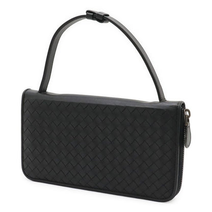 Bottega Veneta Intrecciato Round Zipper Long Wallet Travel Case Leather Black