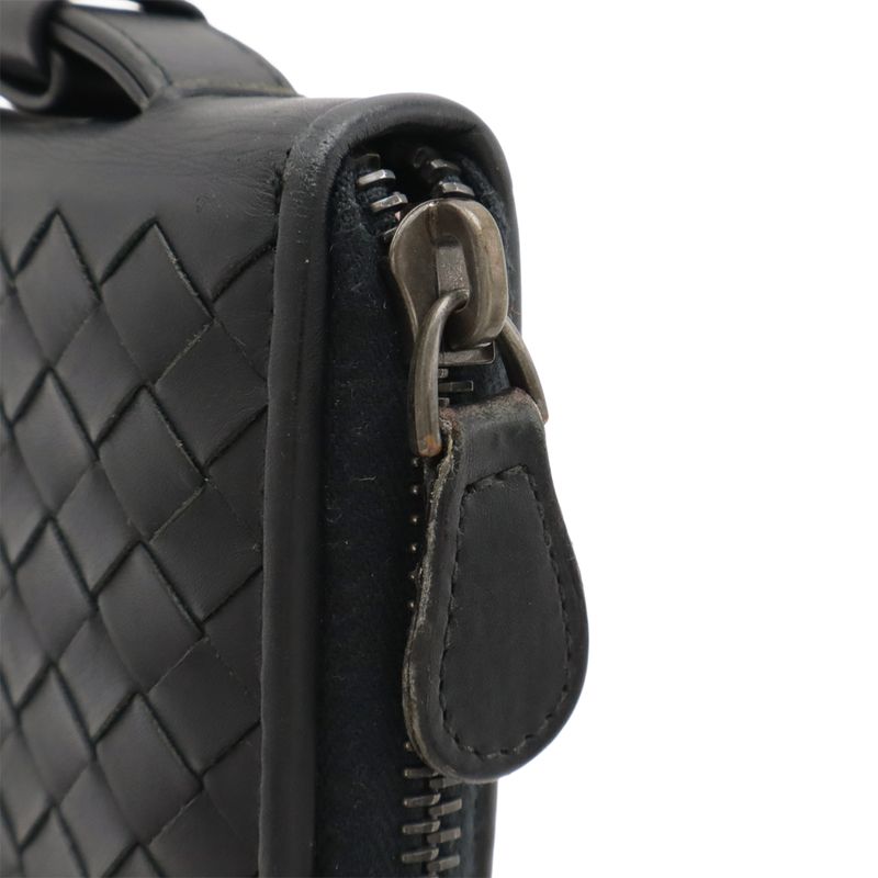 Bottega Veneta Intrecciato Round Zipper Long Wallet Travel Case Leather Black