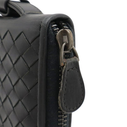 Bottega Veneta Intrecciato Round Zipper Long Wallet Travel Case Leather Black
