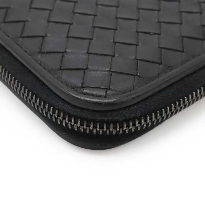 Bottega Veneta Intrecciato Round Zipper Long Wallet Travel Case Leather Black