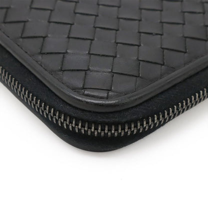 Bottega Veneta Intrecciato Round Zipper Long Wallet Travel Case Leather Black