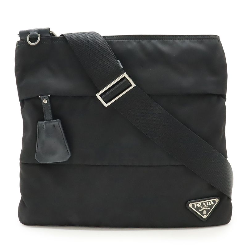 Prada Triangle Logo Plate Shoulder Bag Crossbody Nylon Leather NERO Black