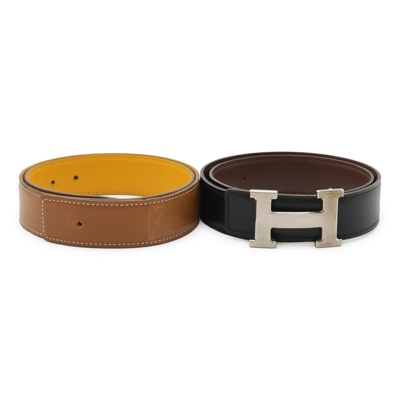 Hermes H Belt H Buckle Reversible Leather Black Brown Silver Hardware With