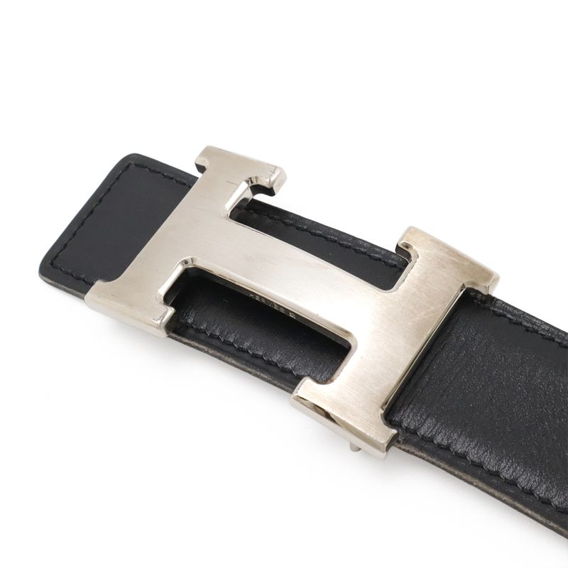 Hermes H Belt H Buckle Reversible Leather Black Brown Silver Hardware With