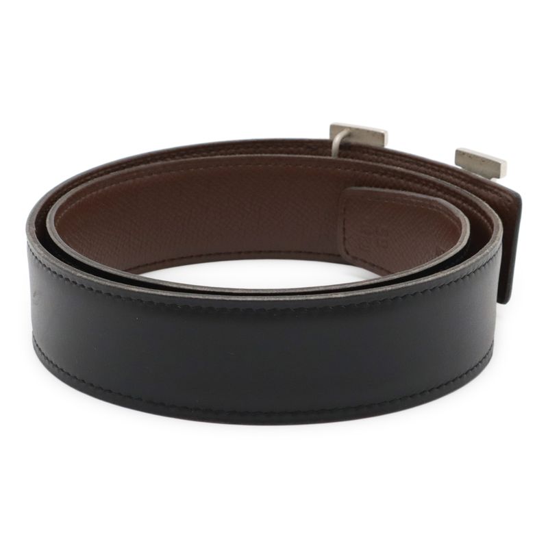 Hermes H Belt H Buckle Reversible Leather Black Brown Silver Hardware With