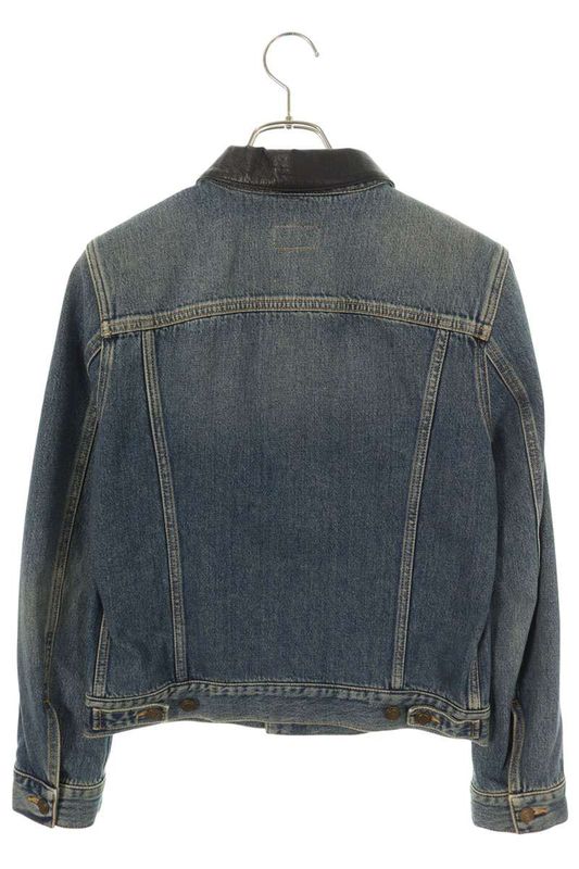 Saint Laurent Paris 551849 Yx868 Collar Leather Cutout Washed Denim Jacket