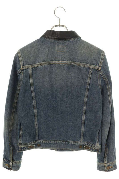Saint Laurent Paris 551849 Yx868 Collar Leather Cutout Washed Denim Jacket