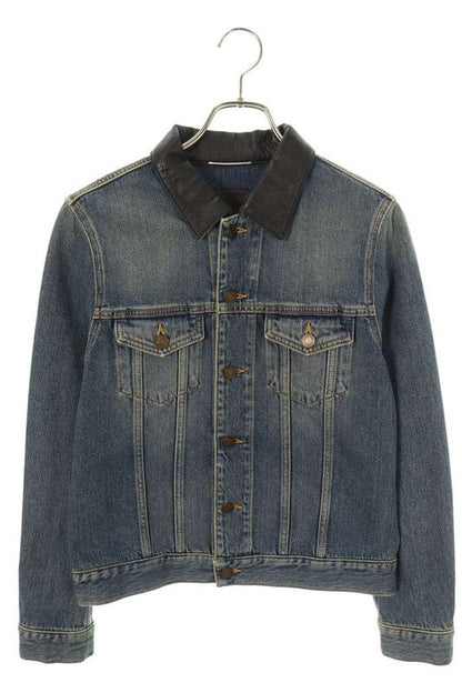 Saint Laurent Paris 551849 Yx868 Collar Leather Cutout Washed Denim Jacket