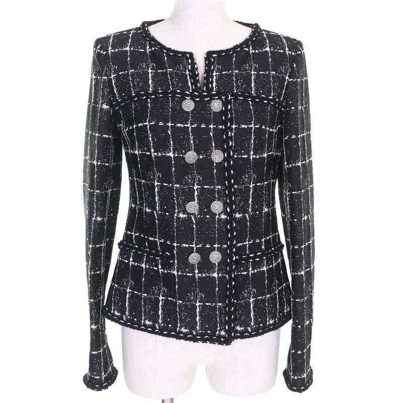 CHANEL P47857 Silk Blend Coco Mark Button Plaid Tweed Collarless Jacket Black