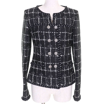 CHANEL P47857 Silk Blend Coco Mark Button Plaid Tweed Collarless Jacket Black