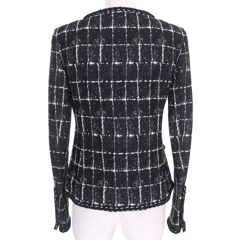 CHANEL P47857 Silk Blend Coco Mark Button Plaid Tweed Collarless Jacket Black