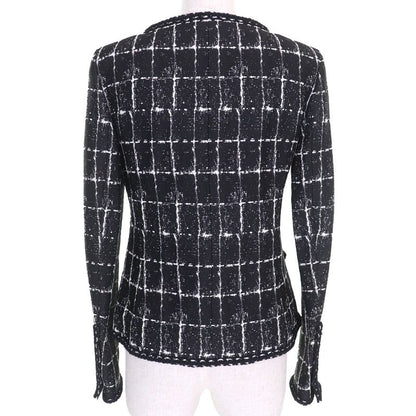 CHANEL P47857 Silk Blend Coco Mark Button Plaid Tweed Collarless Jacket Black