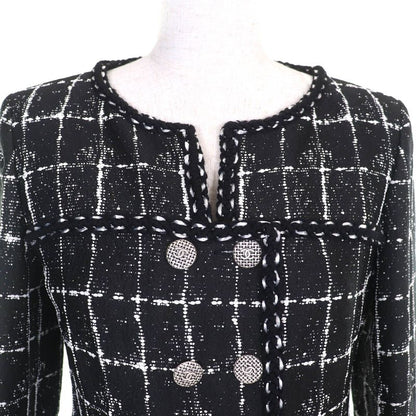 CHANEL P47857 Silk Blend Coco Mark Button Plaid Tweed Collarless Jacket Black