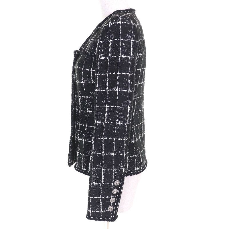 CHANEL P47857 Silk Blend Coco Mark Button Plaid Tweed Collarless Jacket Black