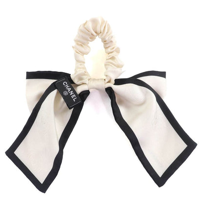 CHANEL 22V Aa7530 100% Silk Ribbon Logo Camellia Chou Hair Tie Hair Tie Ivory
