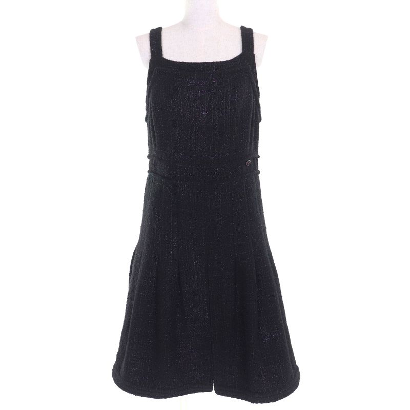 CHANEL P44651 Coco Mark Part Side Zip Sleeveless Tweed Dress Black Purple 42