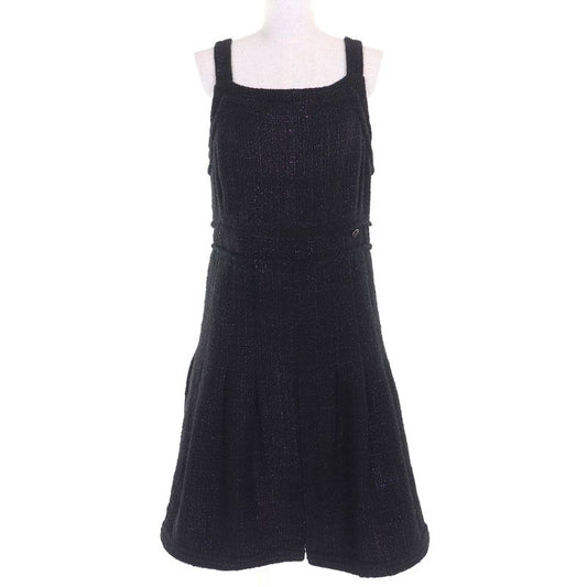 CHANEL P44651 Coco Mark Part Side Zip Sleeveless Tweed Dress Black Purple 42