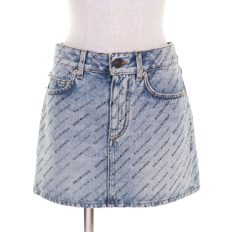 Balenciaga 2023 744972 100% Cotton 100% Logo Allover Denim Miniskirt Indigo