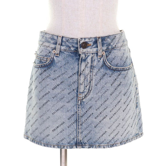 Balenciaga 2023 744972 100% Cotton 100% Logo Allover Denim Miniskirt Indigo