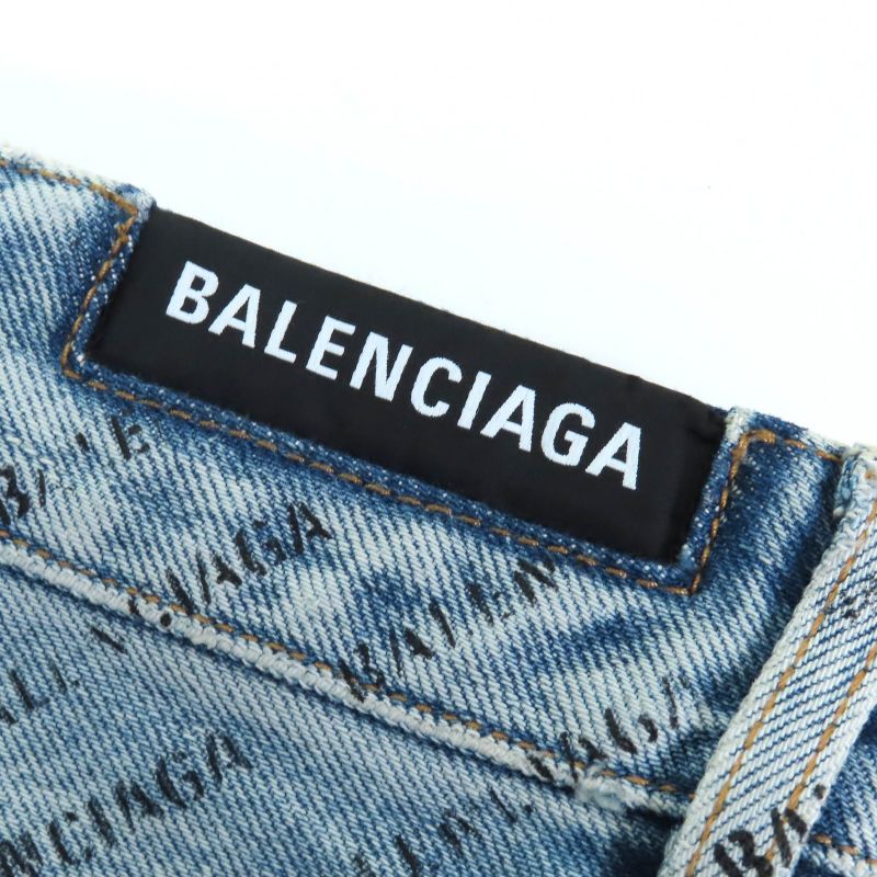 Balenciaga 2023 744972 100% Cotton 100% Logo Allover Denim Miniskirt Indigo