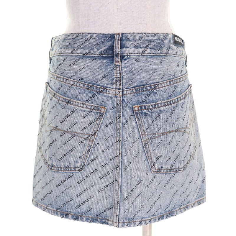 Balenciaga 2023 744972 100% Cotton 100% Logo Allover Denim Miniskirt Indigo