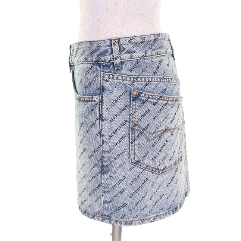 Balenciaga 2023 744972 100% Cotton 100% Logo Allover Denim Miniskirt Indigo