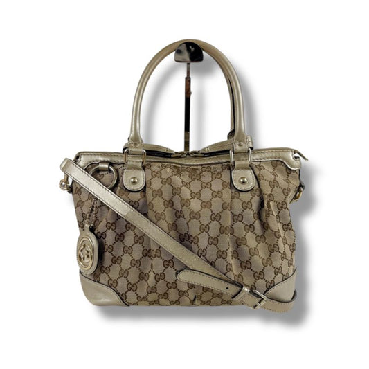 Gucci Sookie 2WAY Shoulder Bag Handbag GG Canvas Gold With Brown Charm