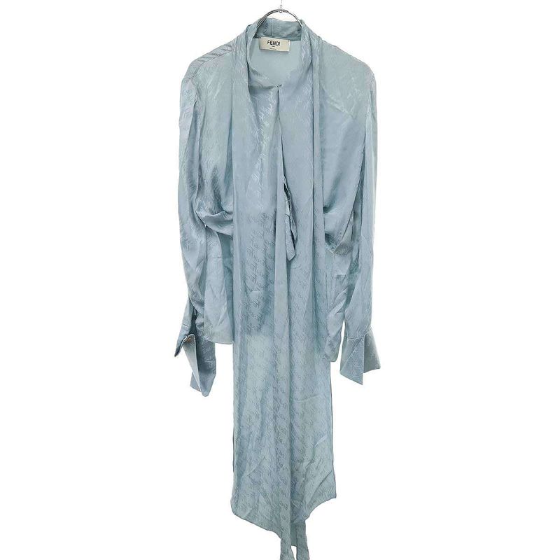 Fendi 22ss Logo Jacquard Silk Bow Tie Blouse Fs7853 Ajdo Sac Blue 40